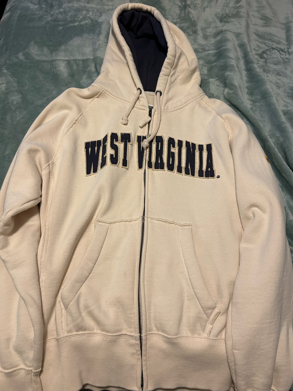 Cream and Navy West Virginia Zip-Up Hoodie with WVU Logo Size L